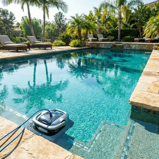 Crystal clear luxury swimming pool.